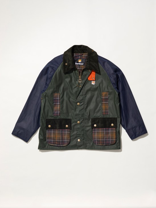 Maison Kitsuné x Barbour collaboration featuring waxed jacket with fox mascot embroidery and tartan lining details
