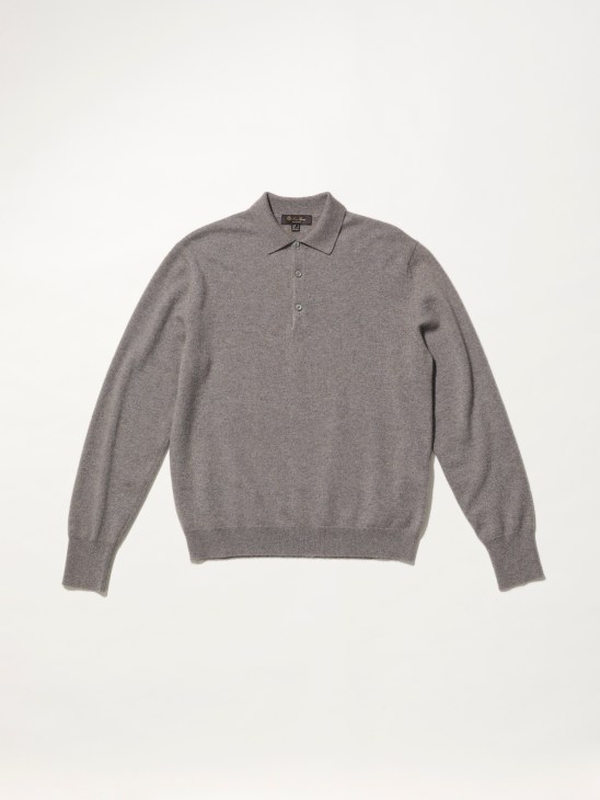 Gray cashmere polo sweater with three-button placket and ribbed collar displayed on neutral background