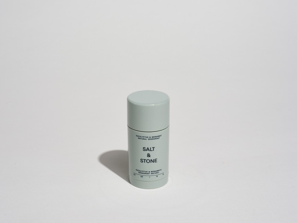 Salt & Stone eucalyptus and bergamot natural deodorant stick in pale green packaging.