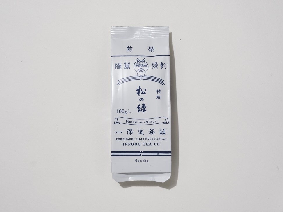 Package of Ippodo Sencha tea with Japanese characters and English text on white packaging.