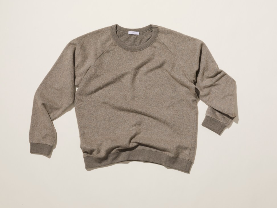 Taupe crewneck sweatshirt in camel hair displayed flat against a light background.