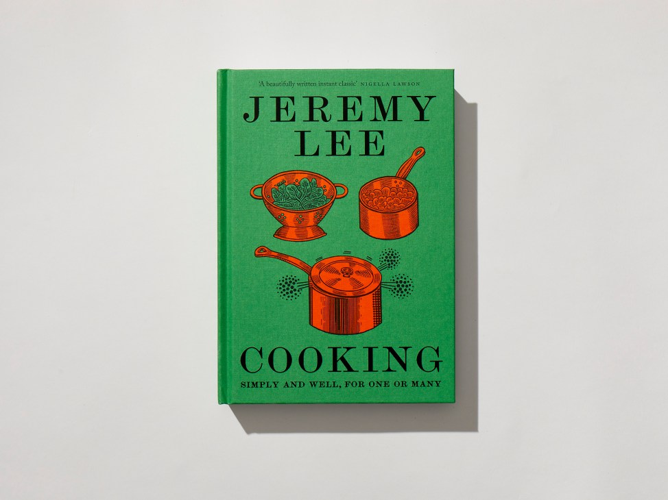 Green cookbook cover with orange cooking pot illustrations and black text reading Jeremy Lee Cooking