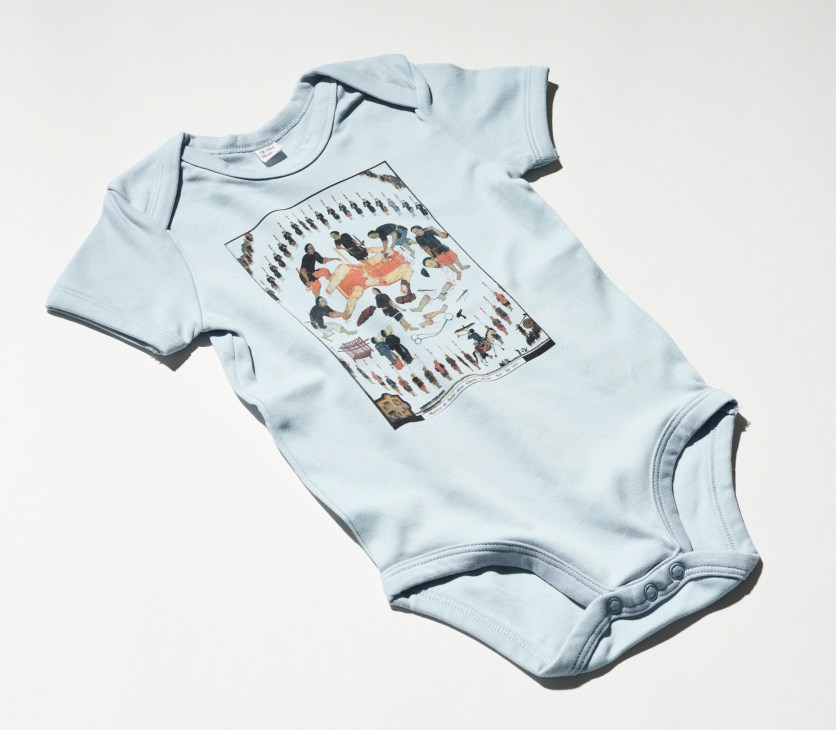 Light blue baby romper with Danh Vo artistic print design on chest