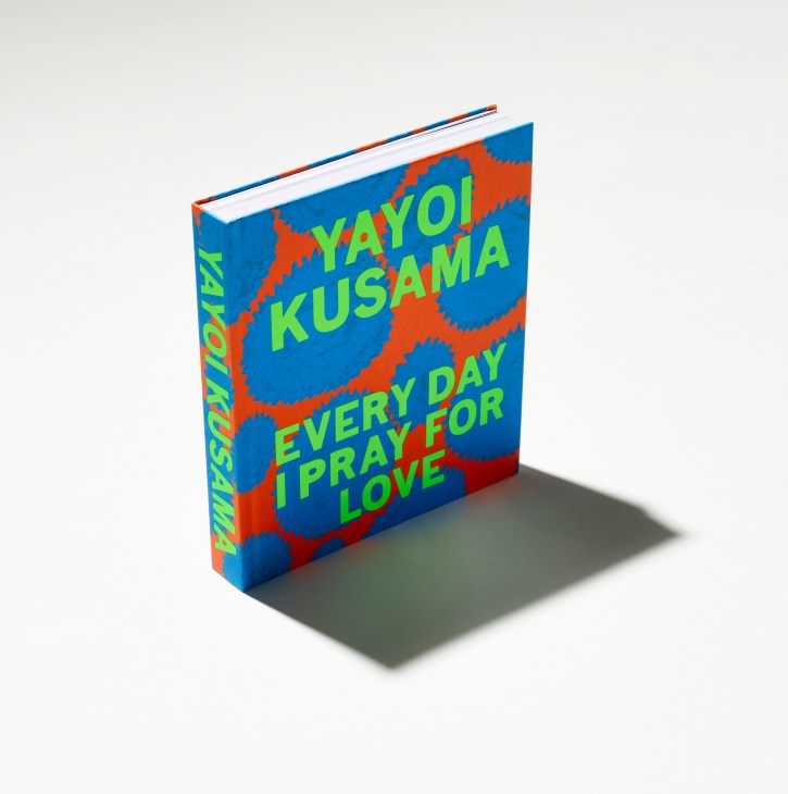 Yayoi Kusama book with blue and red polka dot pattern and lime green text on cover.