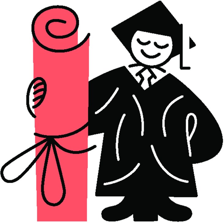Illustration of a smiling graduate in black robes holding a rolled red diploma.