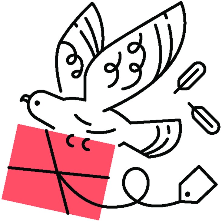 Line drawing illustration of a bird holding a red envelope and feathers, symbolizing creative communication.