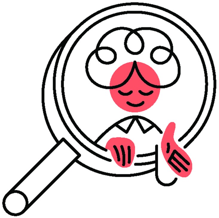Illustrated magnifying glass with stylized face and red accents representing headhunting.