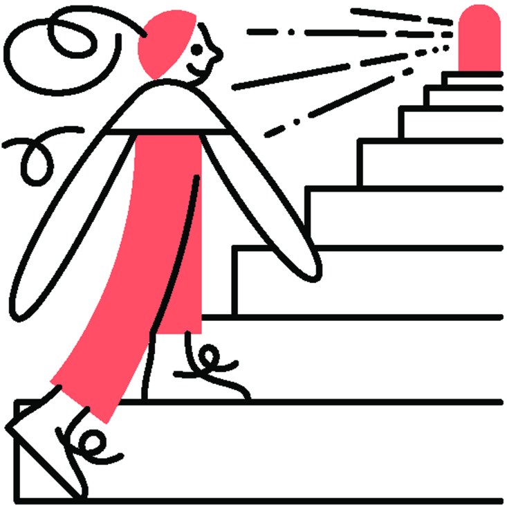 Illustration of a figure climbing stairs with red accents and circular design elements.