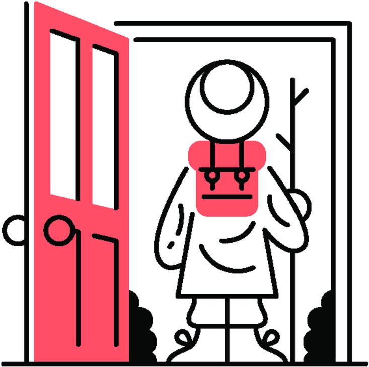 Illustration of a person entering through a red door, symbolizing entrepreneurship and self-employment.