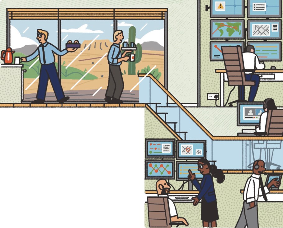 Illustration of young professionals working at computer screens in a modern office environment