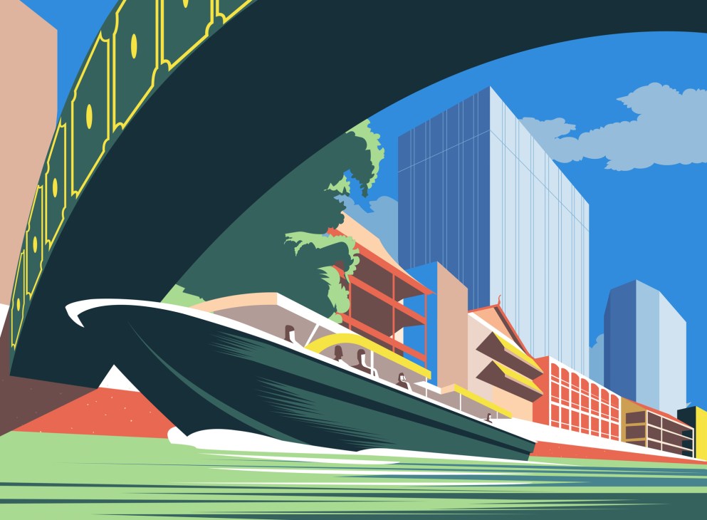 Stylized illustration of modern transportation infrastructure showing high-speed train under bridge with city skyline
