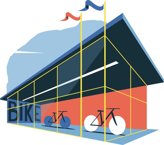 Modern bicycle storage facility with geometric design housing multiple bicycles under covered structure