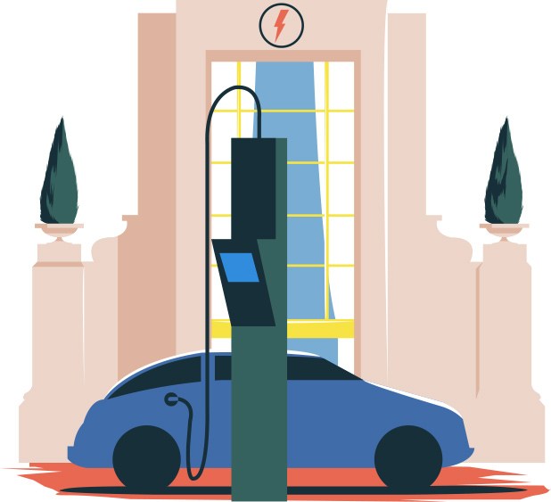 Electric vehicle charging at a station with charging cable connected