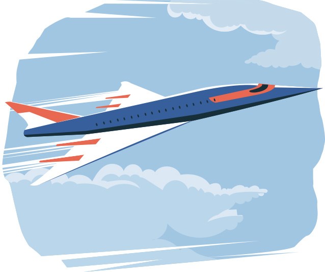 Modern commercial aircraft in flight with stylized design and motion lines