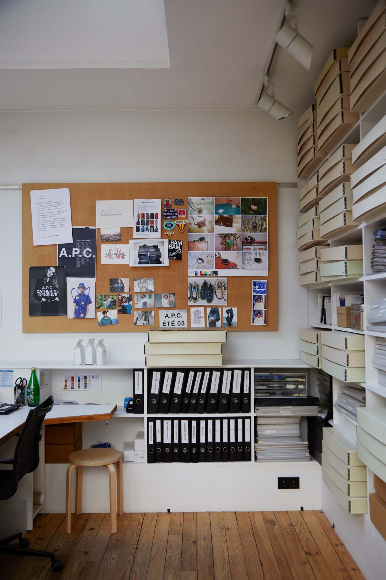 Interior corner of APC's Paris office showing minimalist design and work environment