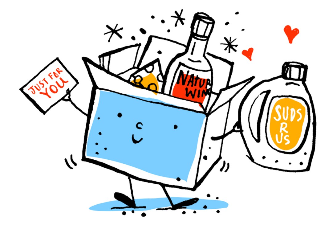 Cartoon box character with smiling face holding 'Just for You' sign, containing wine bottles and delivery items