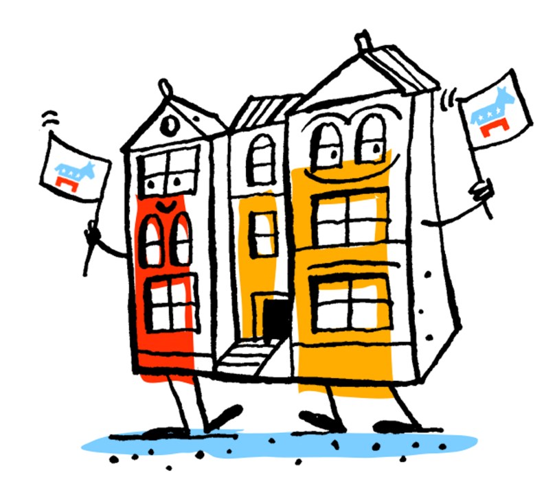 Cartoon illustration of anthropomorphic row houses with faces, arms and legs holding small flags while walking