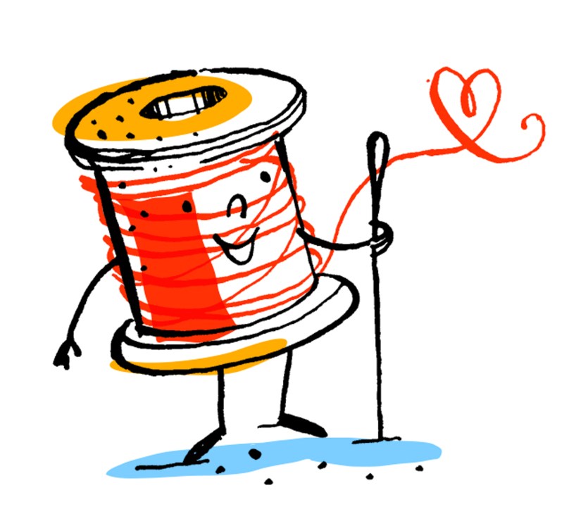 Cartoon illustration of a cheerful anthropomorphic thread spool with red thread, black stick arms and legs, holding a needle