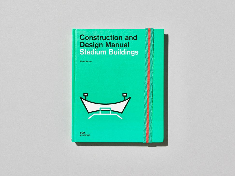 Construction and Design Manual Stadium Buildings book with bright green cover and simple stadium diagram