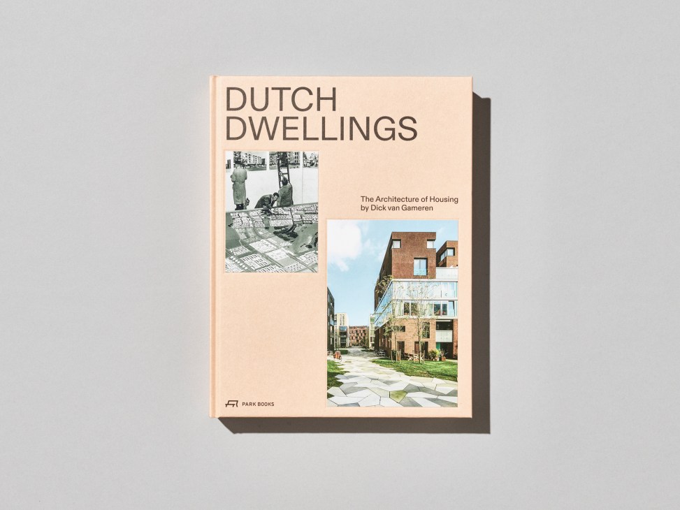 Book cover of 'Dutch Dwellings' showing modern brick housing development with contemporary architectural design