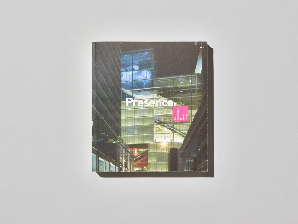 Presence book cover featuring stark black and white architectural photography of geometric building interior