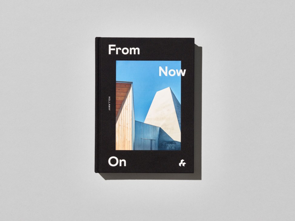 From Now On book cover with geometric architectural forms in blue, white and wood tones on black background