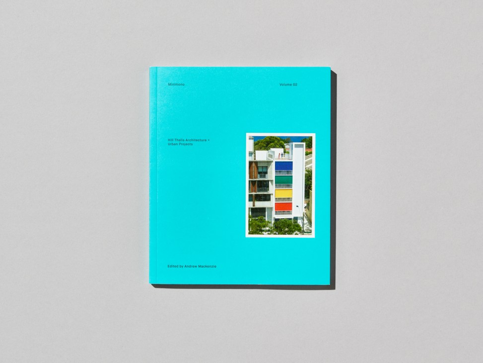 Bright turquoise architecture book cover featuring colorful modern building with stacked balconies in white frame