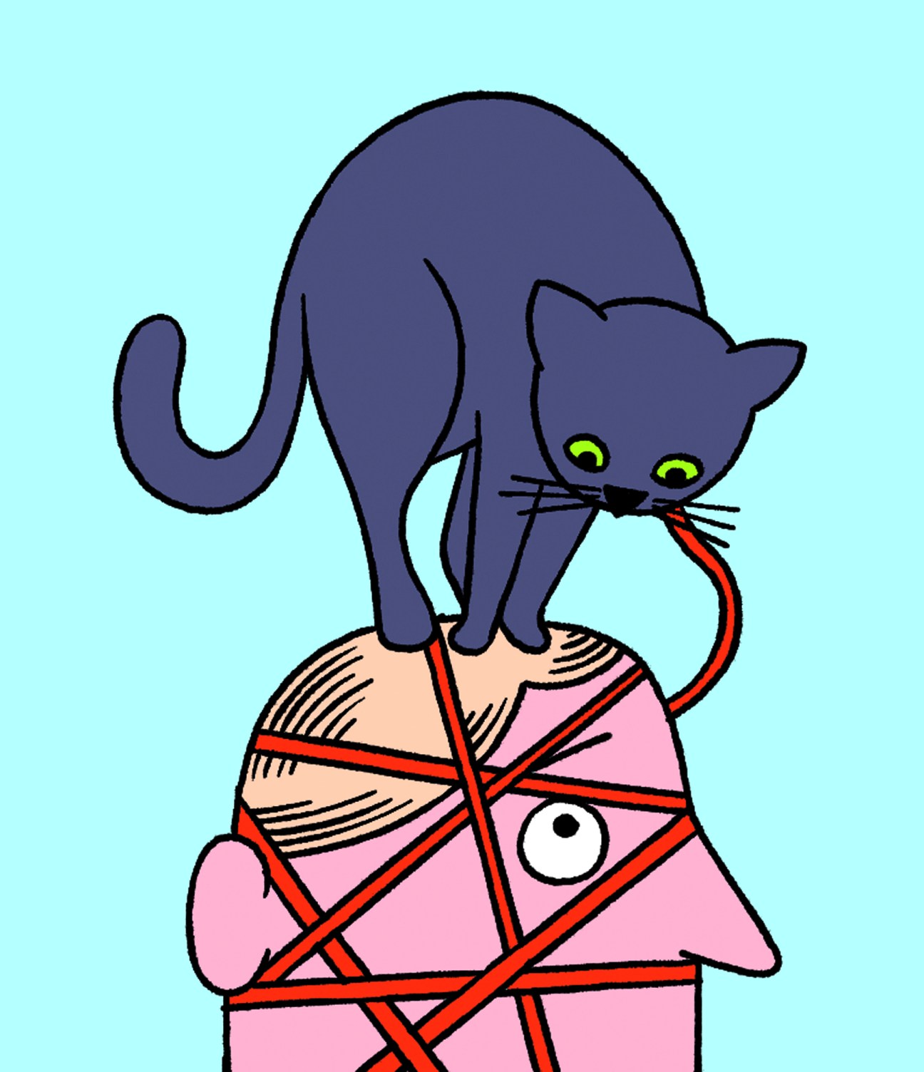 A purple cat with green eyes perched on top of a person wrapped in red rope or string