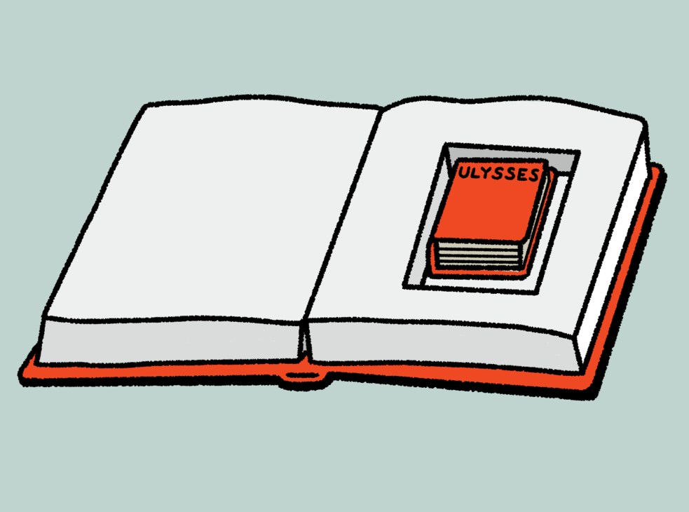 Illustration of an open book with a smaller red book titled 'Ulysses' sitting on one of its pages