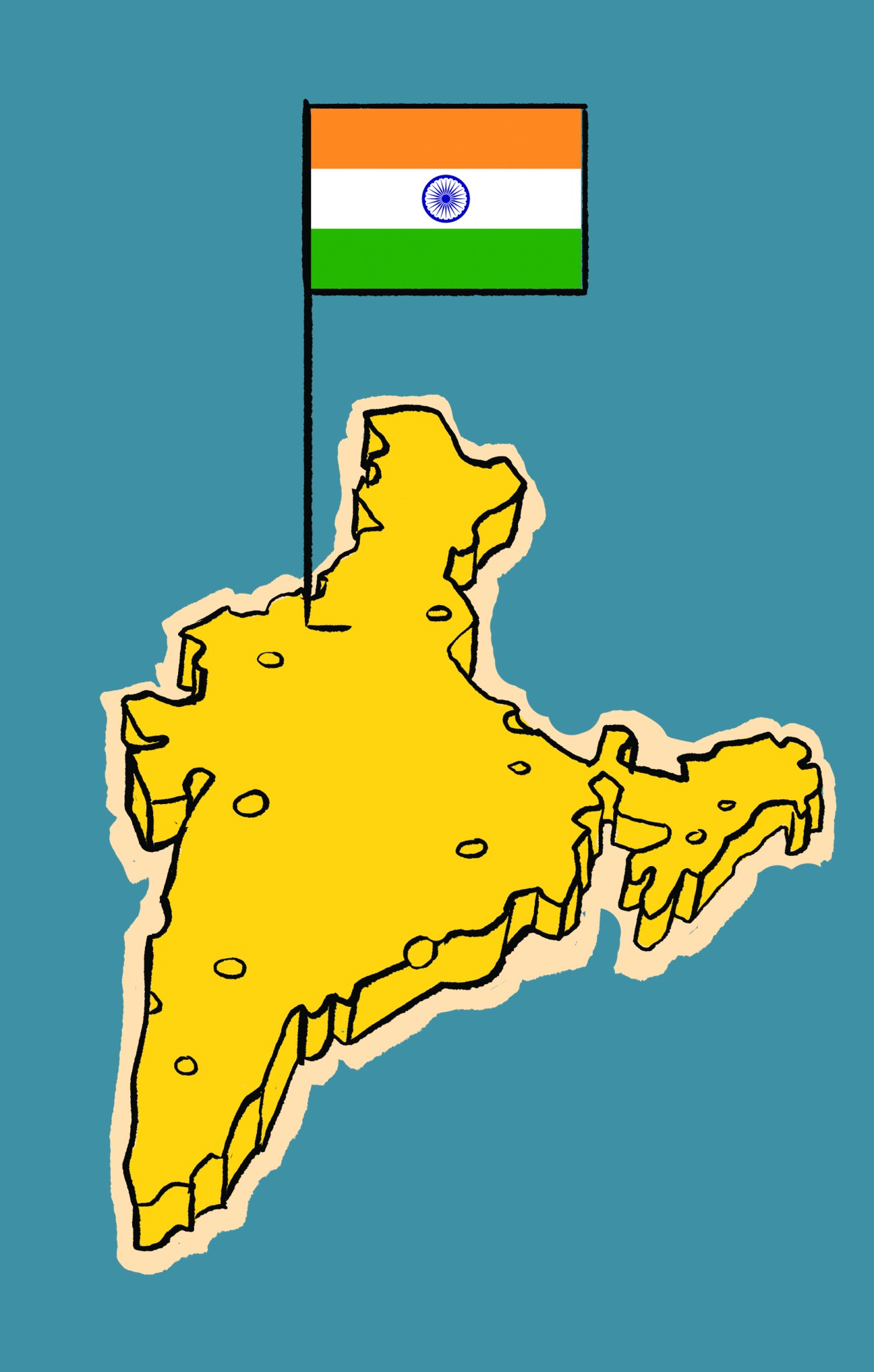 Illustrated map of India in yellow with the Indian flag on a pole