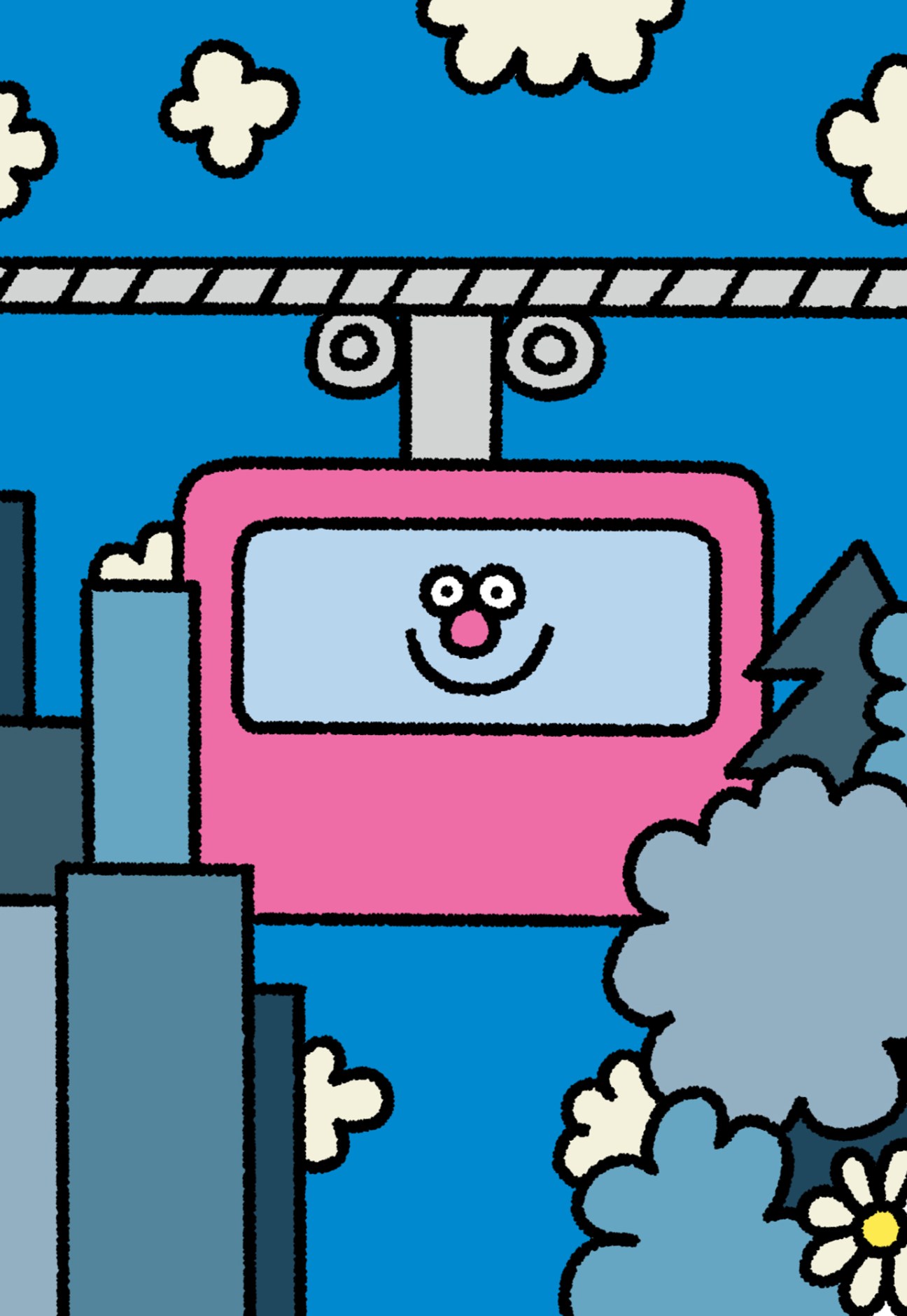 Colorful illustration of a pink cable car traveling above a city with buildings and clouds