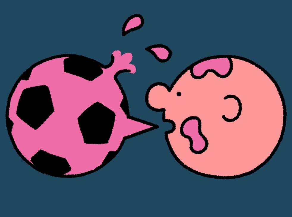 Pink soccer ball colliding with pink circular face showing impact and motion