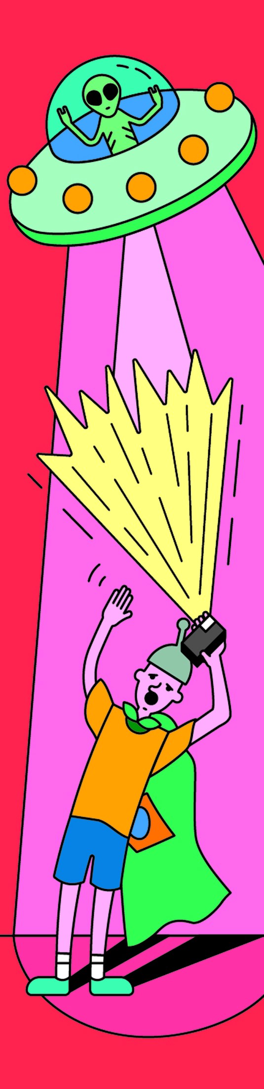 Cartoon illustration of a person holding a flashlight beam that shoots upward toward a UFO with a green hull and an alien pilot inside, with purple beam rays connecting them against a pink background.
