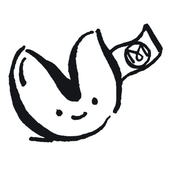 Simple black line illustration of a fortune cookie with a smiling face and an open slip of paper.