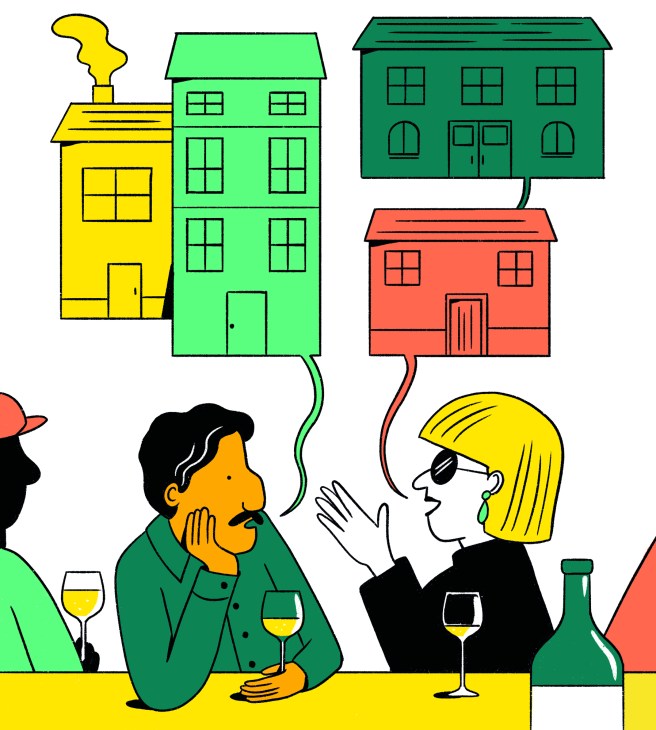 Illustration of people having dinner conversation with colorful houses floating above them