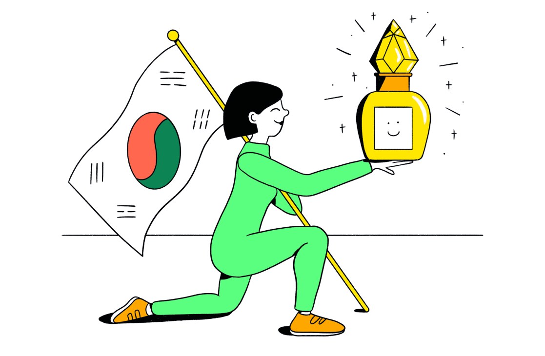 Person in green outfit kneeling with flag pole, holding glowing yellow lantern with sparkles around it