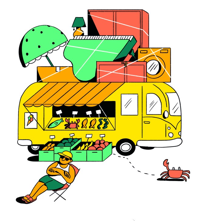 Colorful illustration of a yellow food truck with seafood displays and a person relaxing nearby
