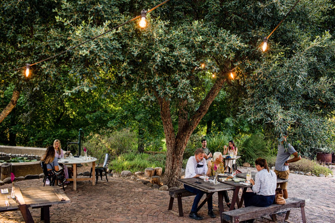 Diners enjoying an outdoor meal under string lights at Good to Gather restaurant in Stellenbosch