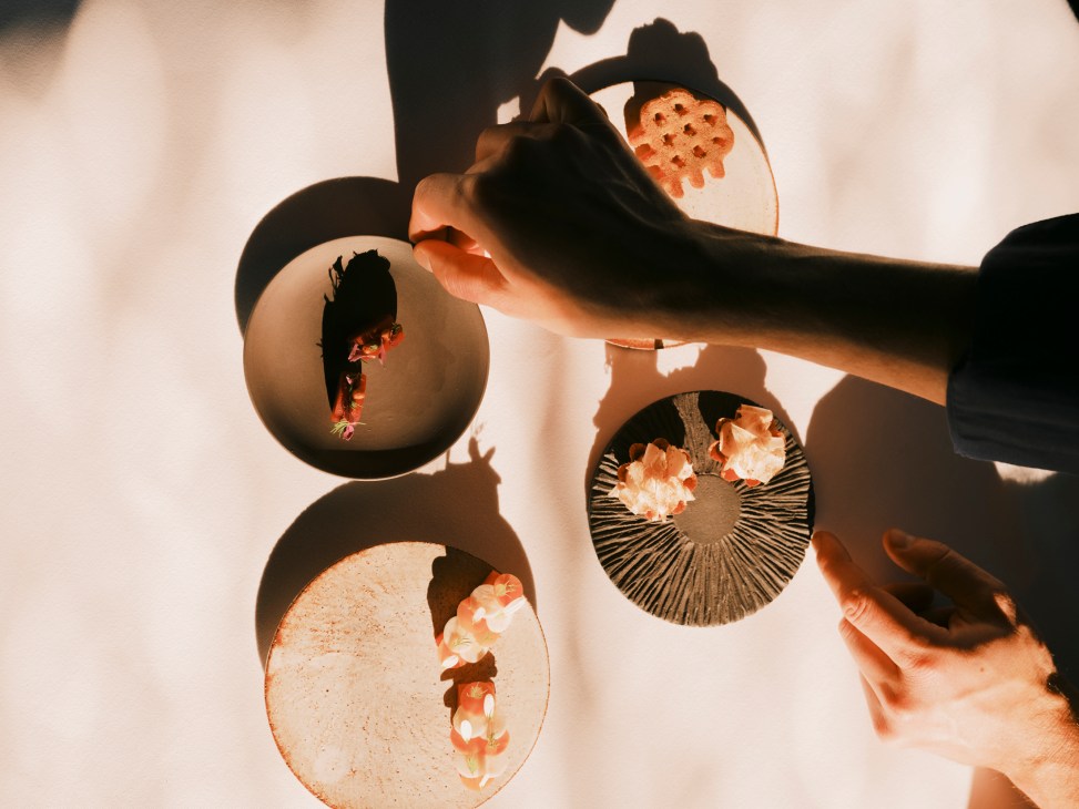 Overhead view of hands holding dark ceramic bowls containing artfully plated small appetizers