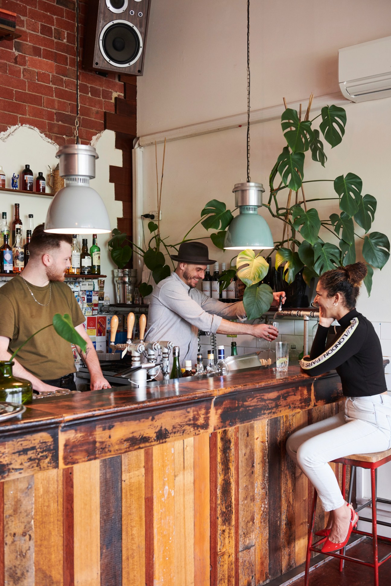 Three people at a bar counter with hanging plants and industrial pendant lights.