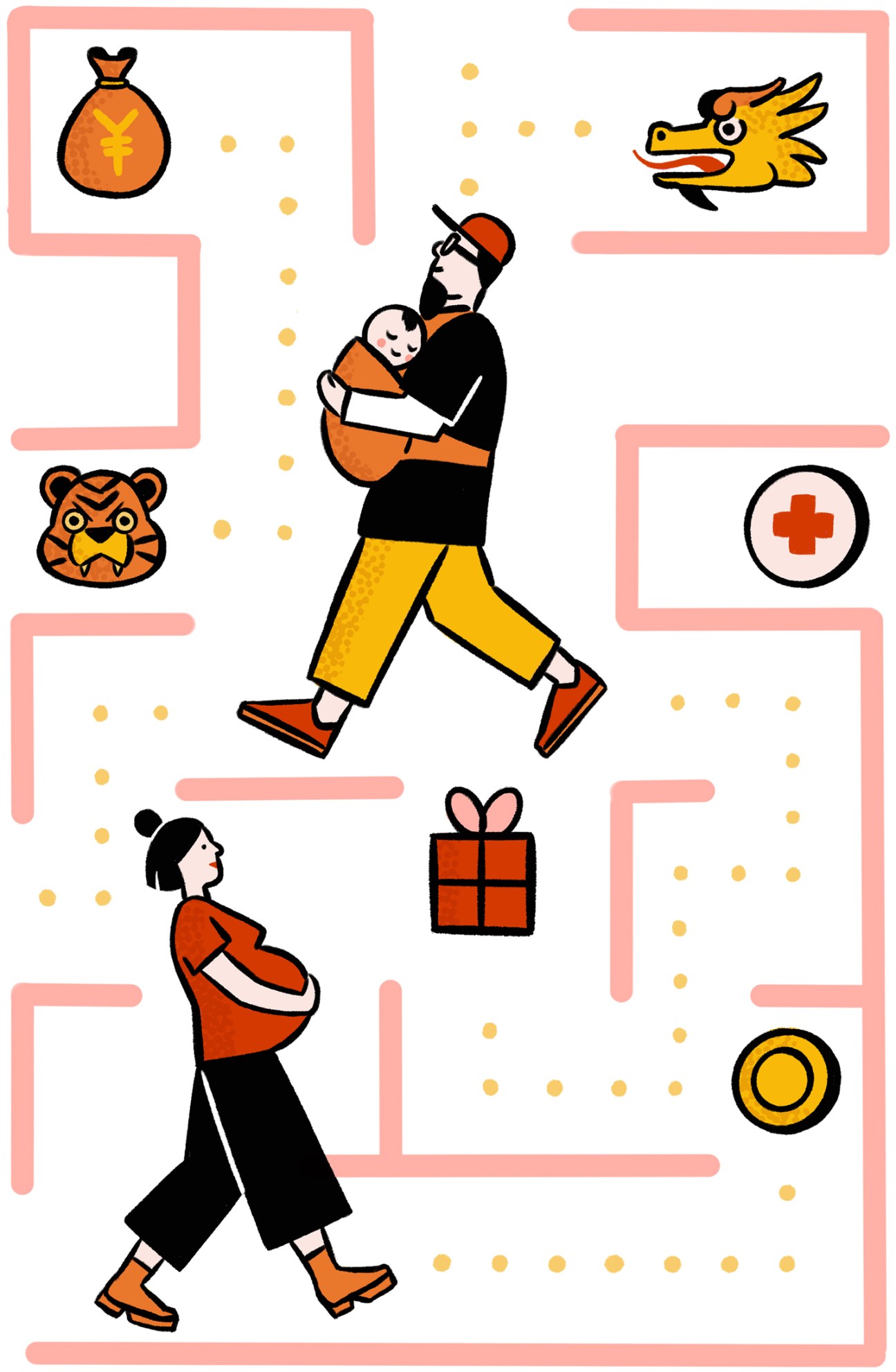 Illustration showing people navigating a maze-like path with various symbols representing Asian demographics and family planning