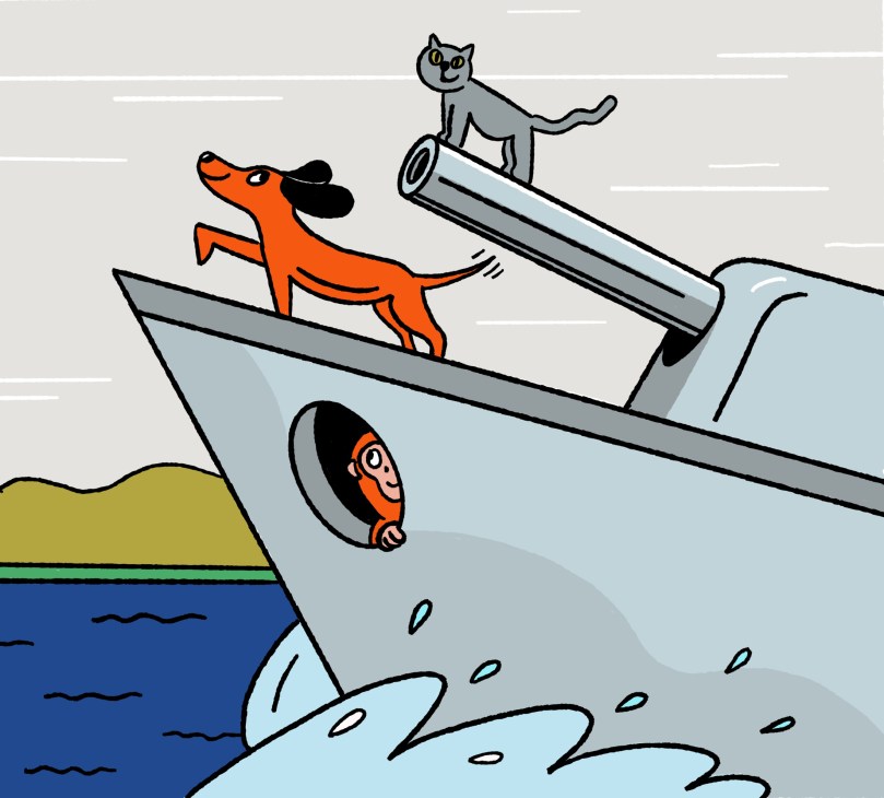 Cartoon illustration of a dog, cat and person on a boat navigating through water with splashing waves