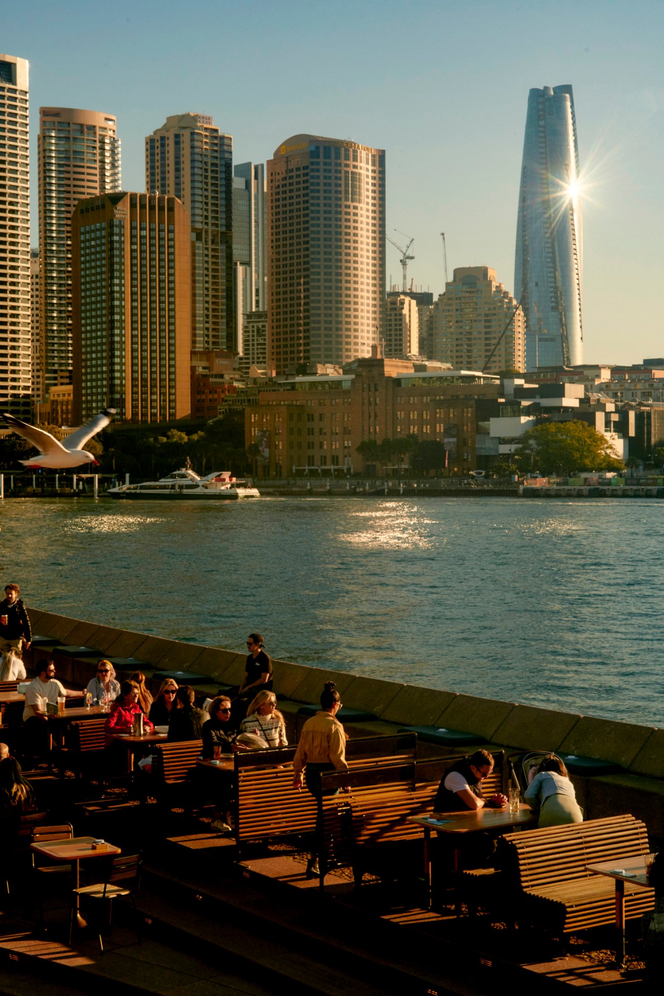 People dining at waterfront restaurant tables overlooking Sydney Harbour with city skyline in background