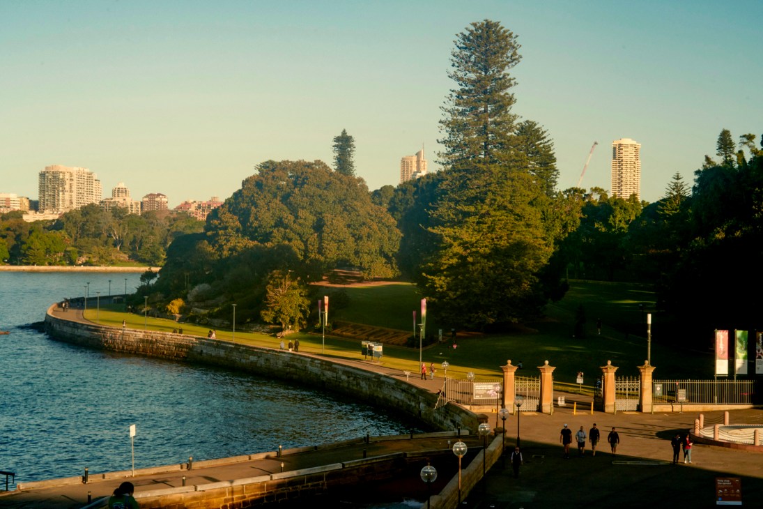 Waterfront walkway with stone seawall, green parkland, and city skyline in background