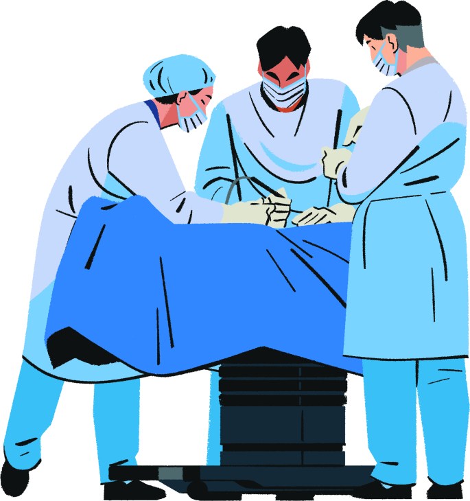 Illustration of three medical professionals in surgical masks and scrubs performing a procedure in an operating room