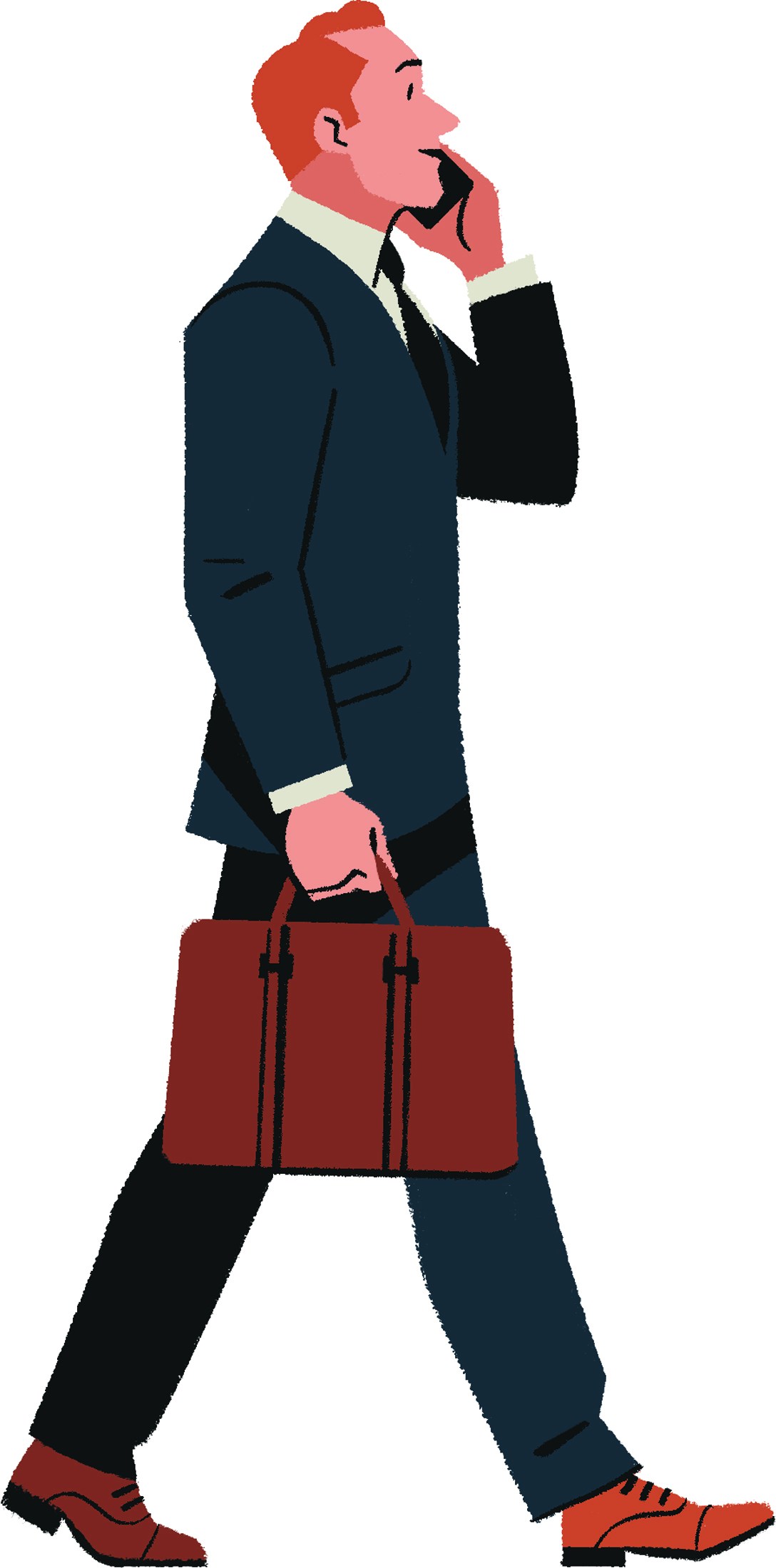 Illustrated businessman in navy suit walking while talking on phone and carrying brown briefcase