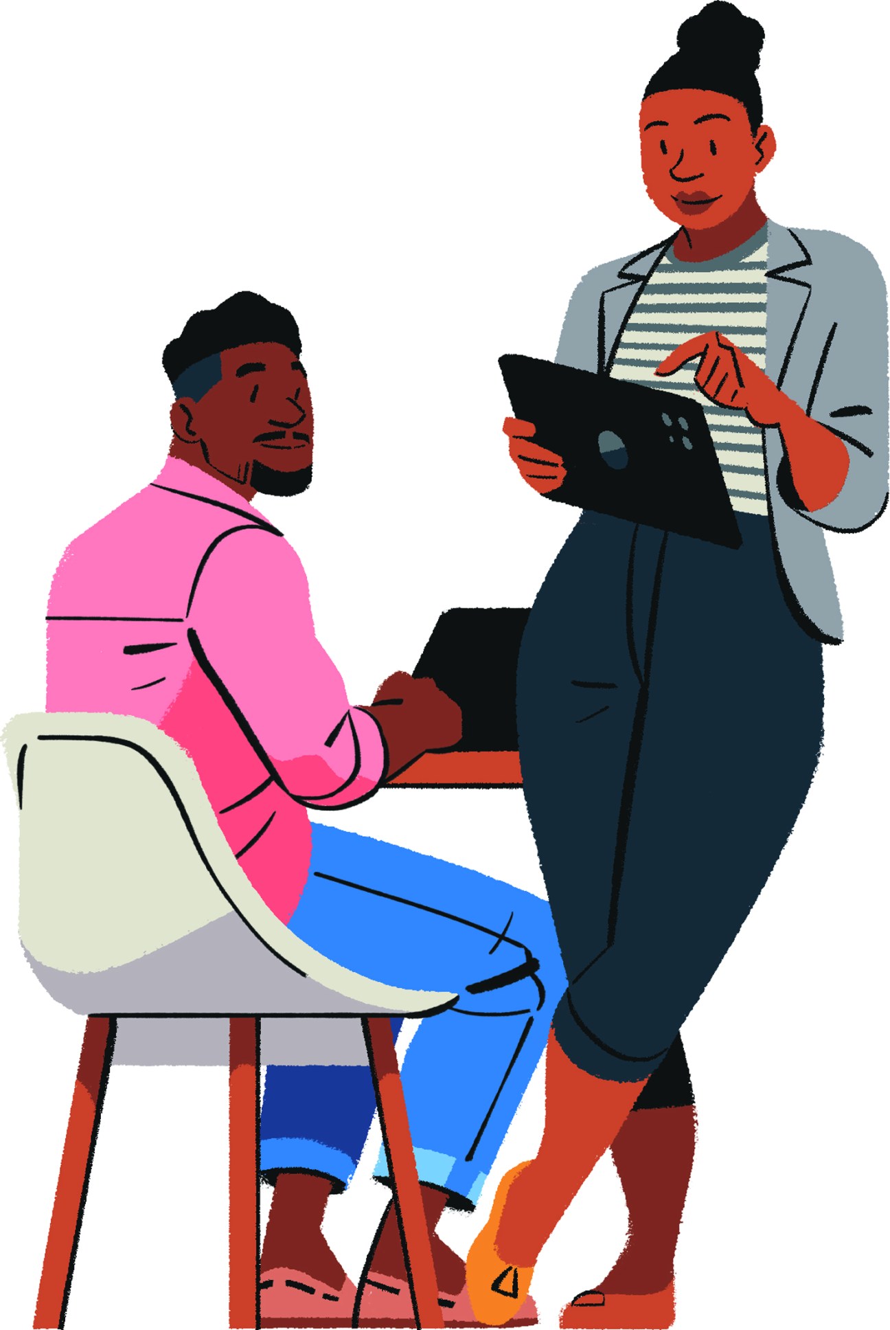 Two professionals collaborating, one seated while the other stands holding a tablet, both smiling in discussion