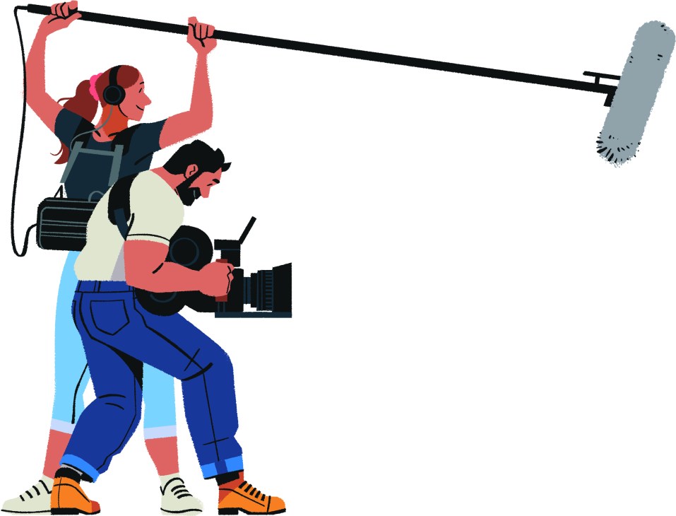 Illustration of two film crew workers, one operating a camera while another holds a boom microphone overhead