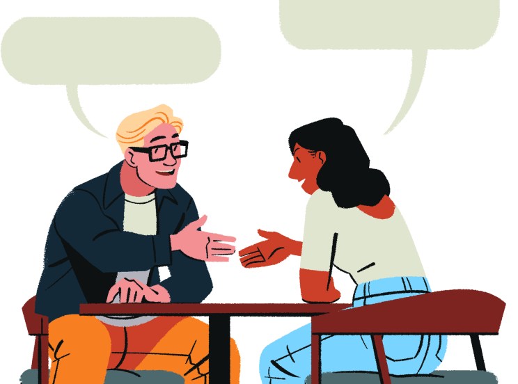 Illustration of two people having a business conversation at a table with speech bubbles above them