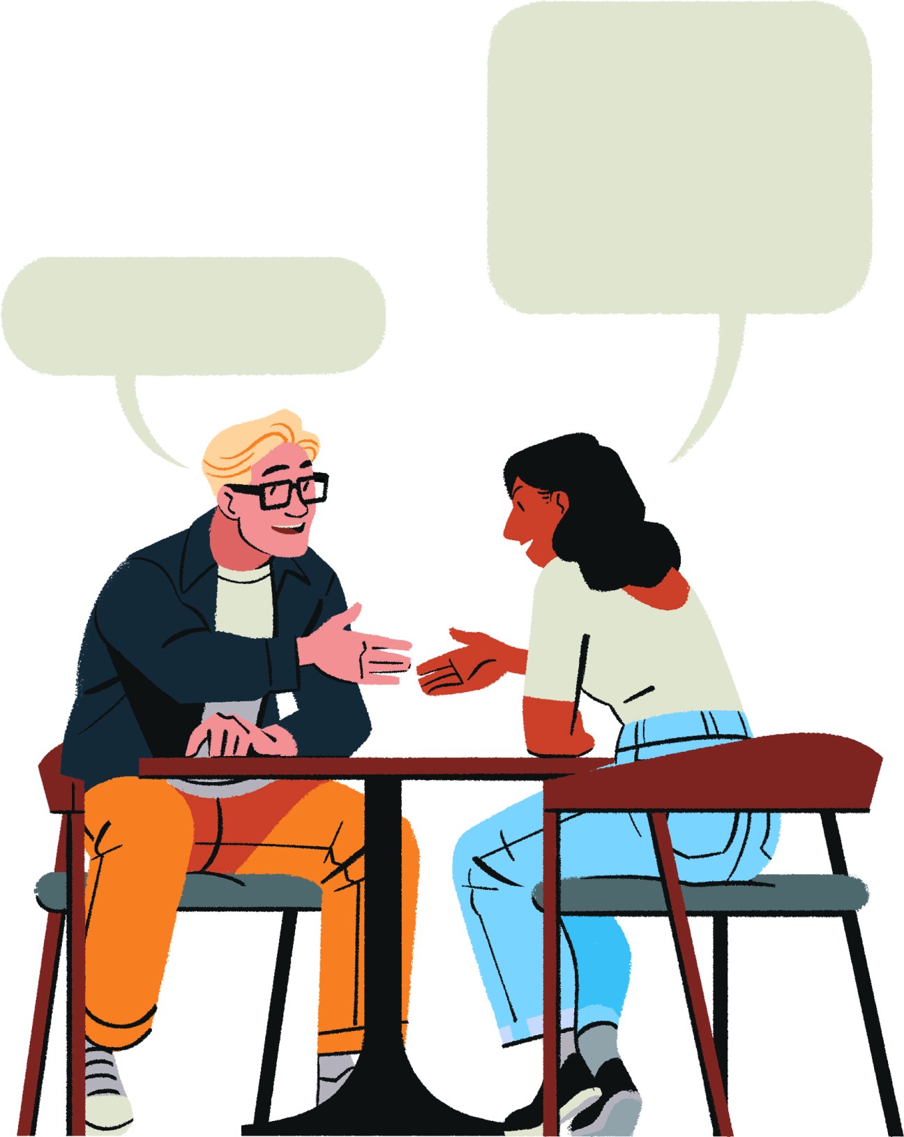 Illustration of two people having a business conversation at a table with speech bubbles above them